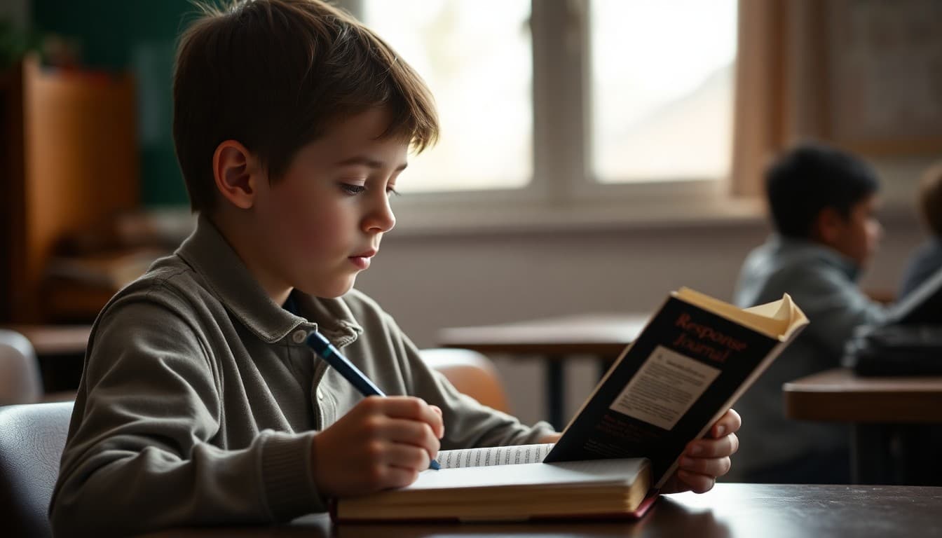 Fourth grade student reading a novel and taking notes in a response journal