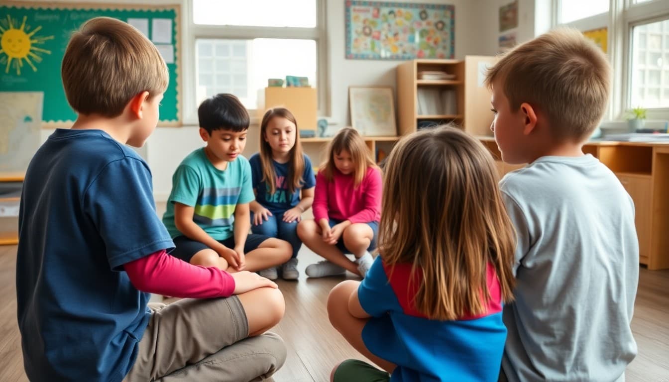 Fourth grade students running a class meeting in a circle, one student facilitating