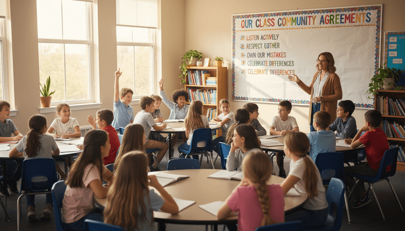 A fourth grade classroom with a community agreements chart on the wall and engaged students