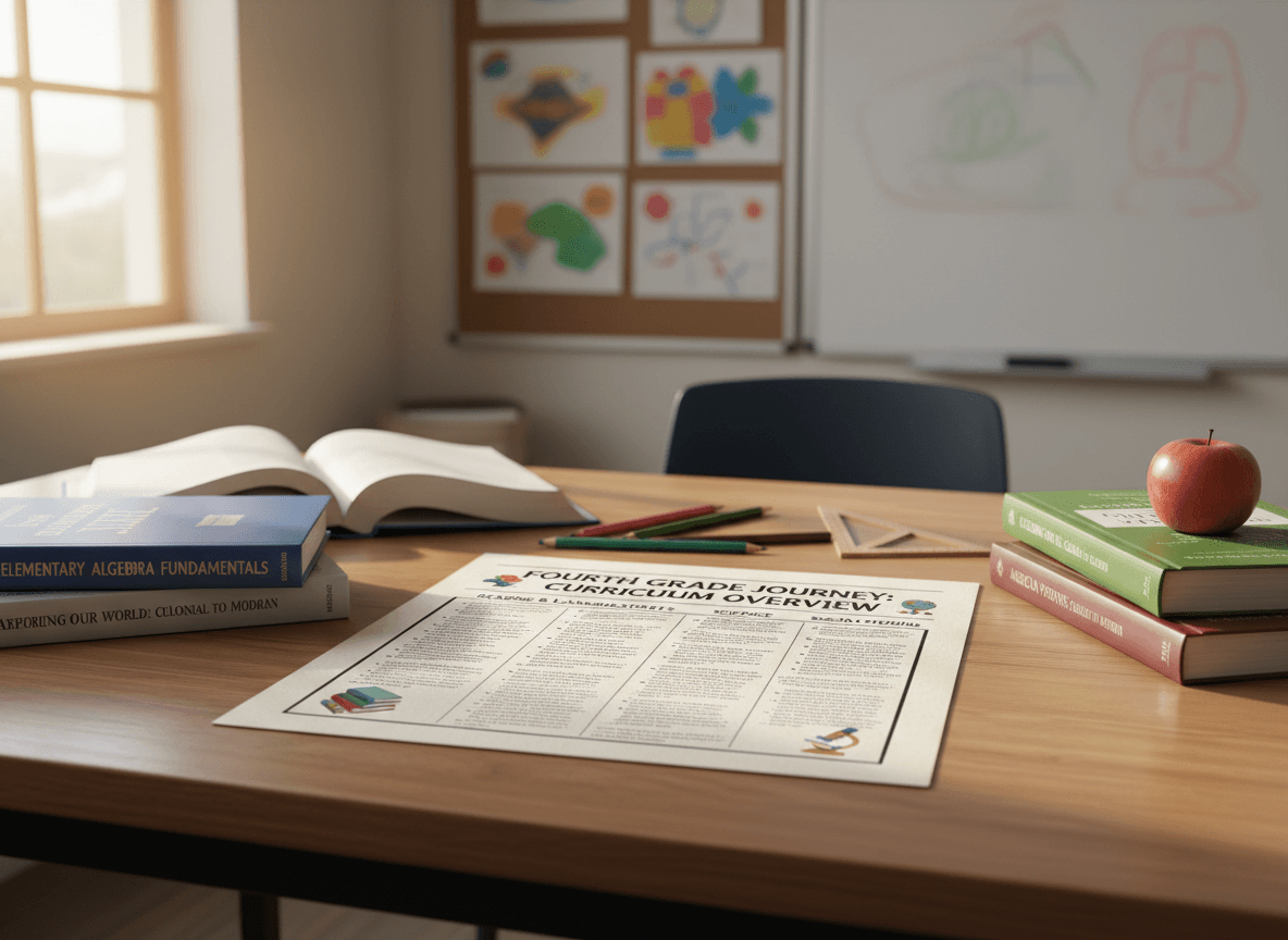 A fourth grade curriculum overview newsletter spread out on a table alongside textbooks