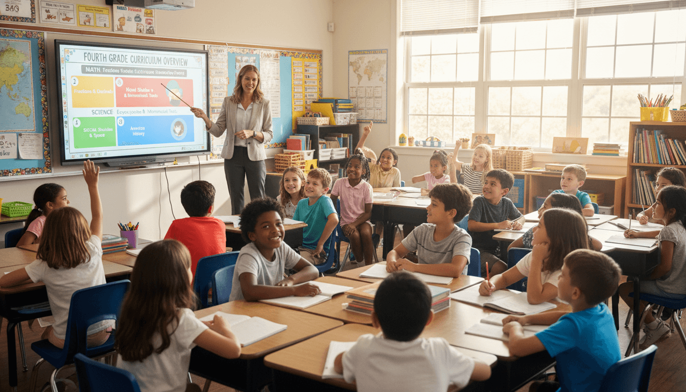 Fourth grade teacher explaining the year's curriculum plan to an engaged class