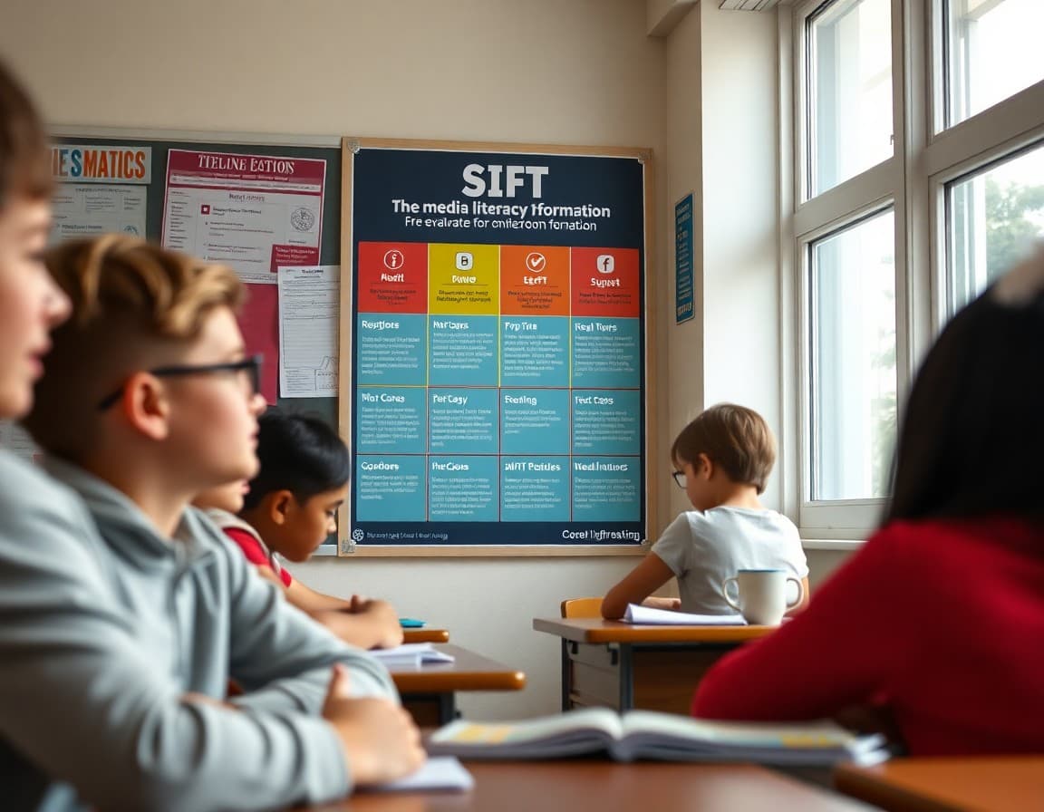 Classroom poster showing the SIFT media literacy method for evaluating online information
