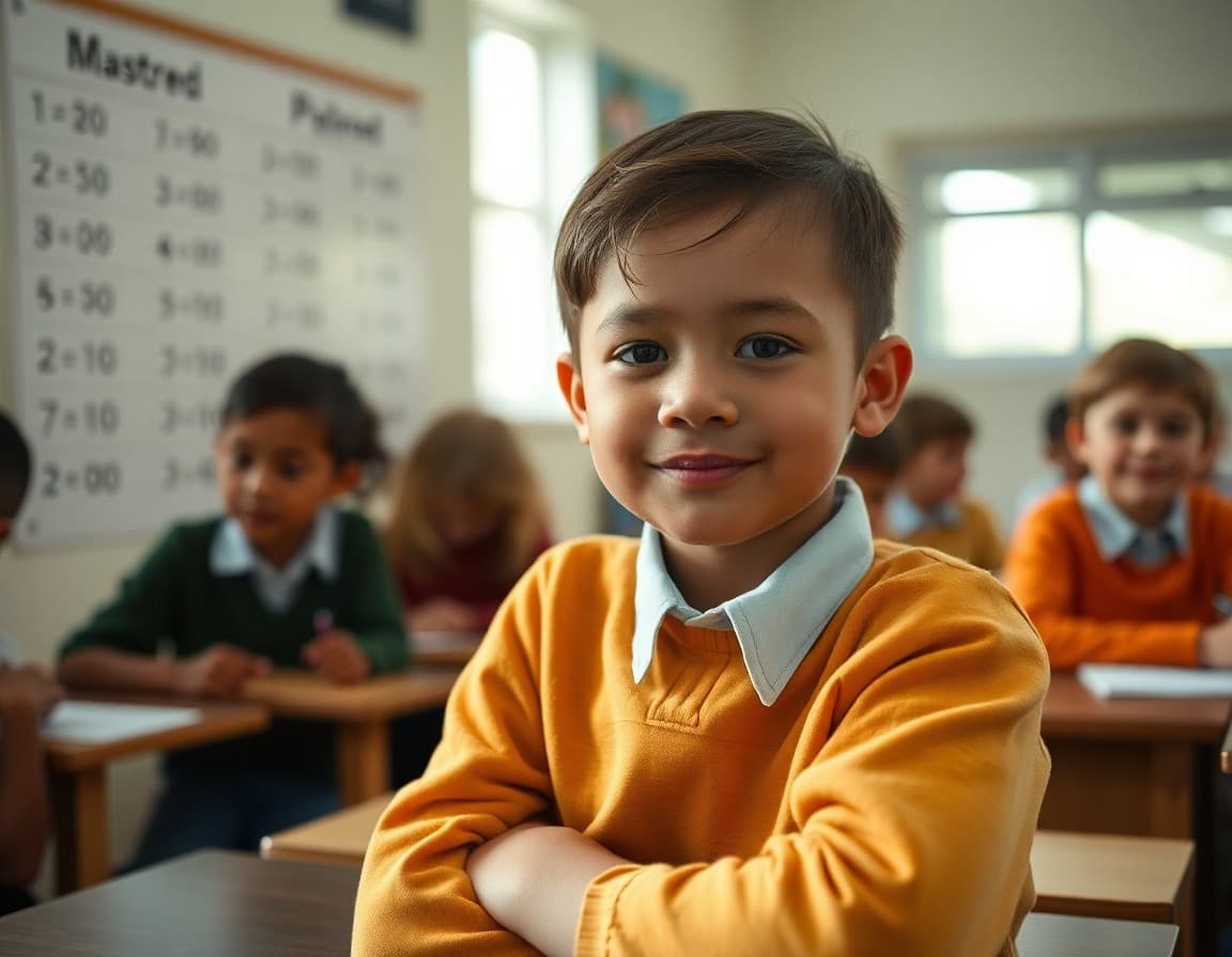 Student multiplication practice chart showing mastered facts marked with checks