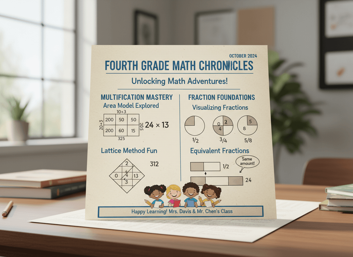 Fourth grade math newsletter showing multiplication strategies and fraction concepts
