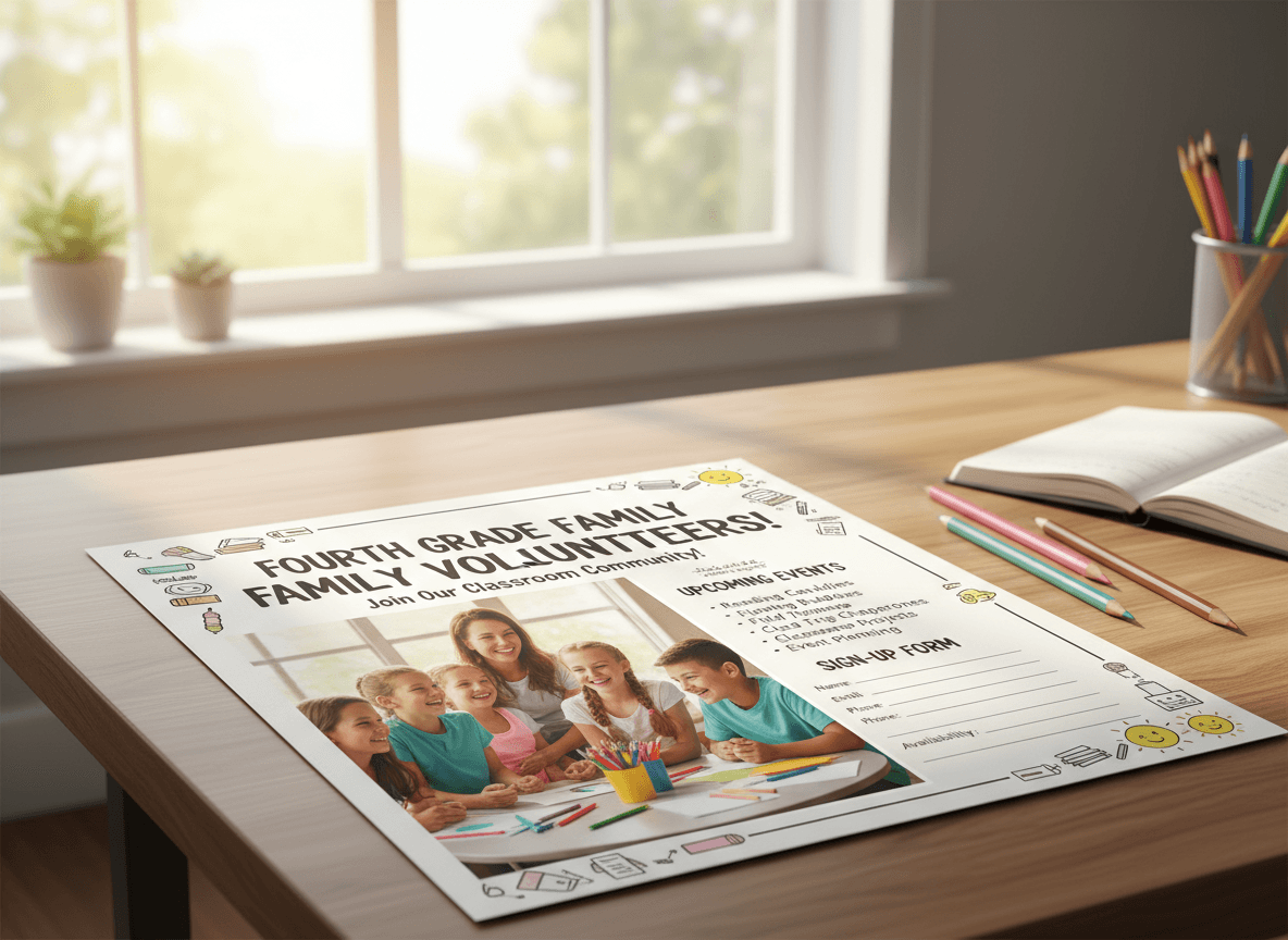 Fourth grade volunteer sign-up newsletter with a cheerful classroom photo