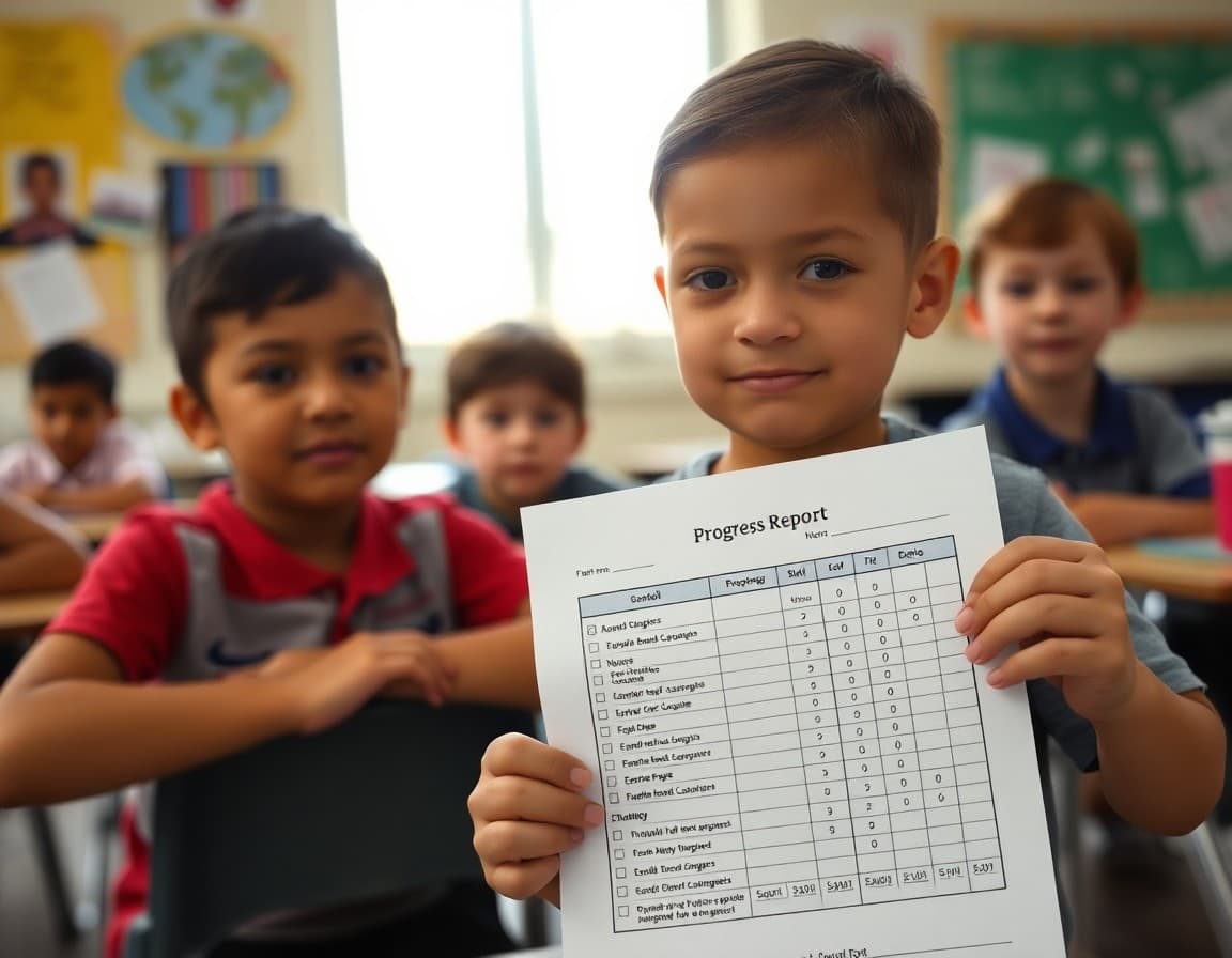Fourth grade progress report showing detailed academic skill marks across all subject areas