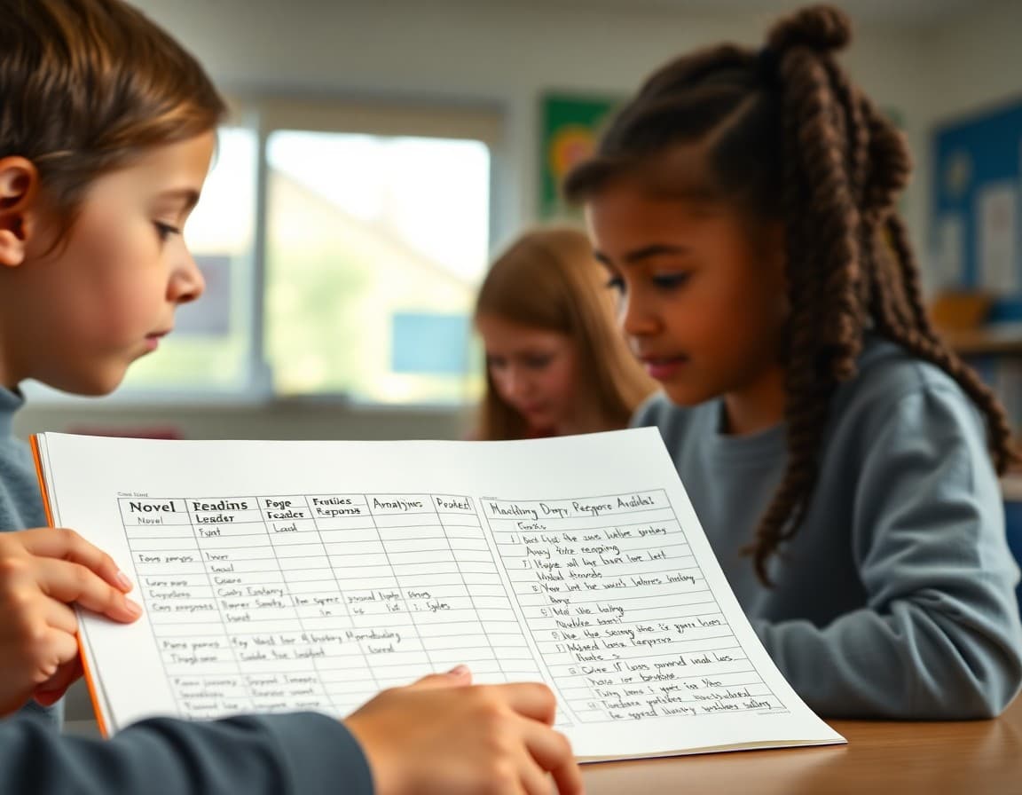 Fourth grade reading log showing novel titles, page ranges, and analytical response entries