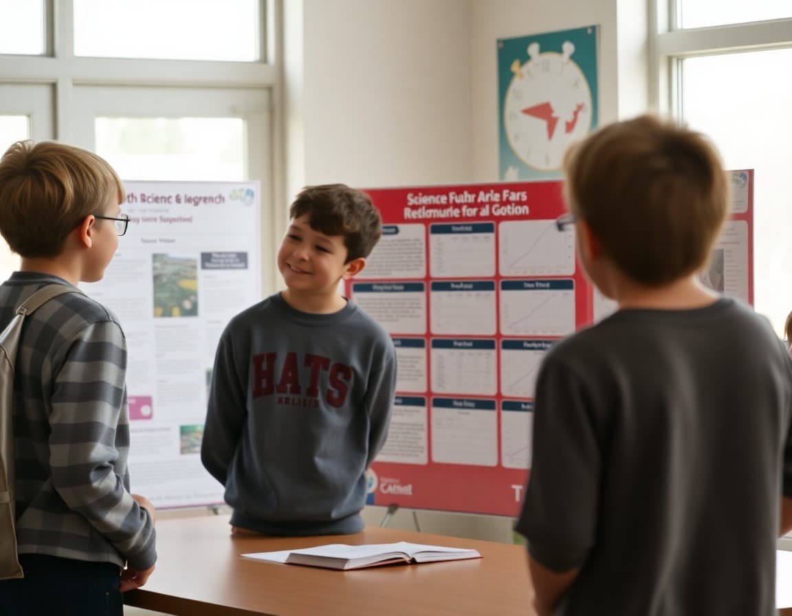 Fourth grade science fair display showing research background, data tables, and line graphs