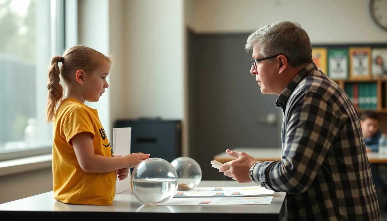 Fourth grade student explaining a science fair project to a judge at a display table