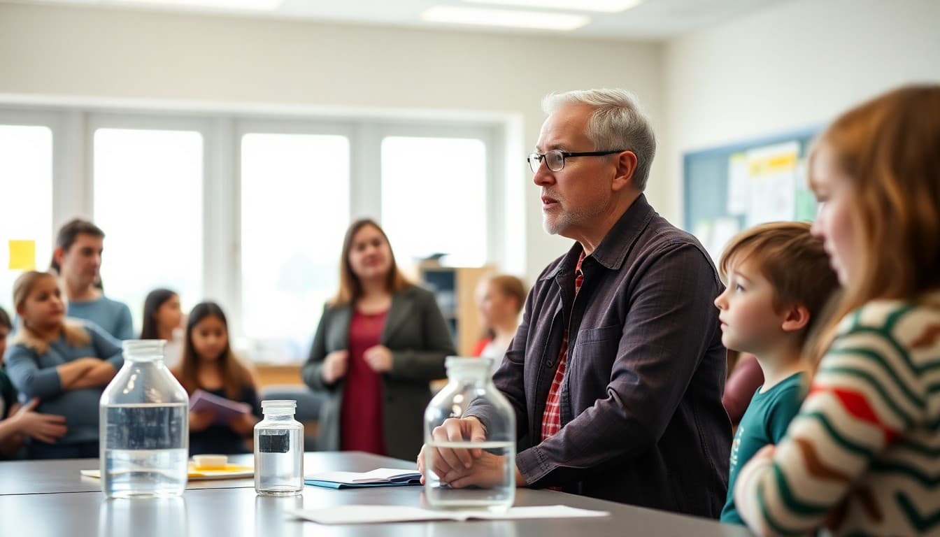 4th grade teacher explaining science unit to curious parents at school event