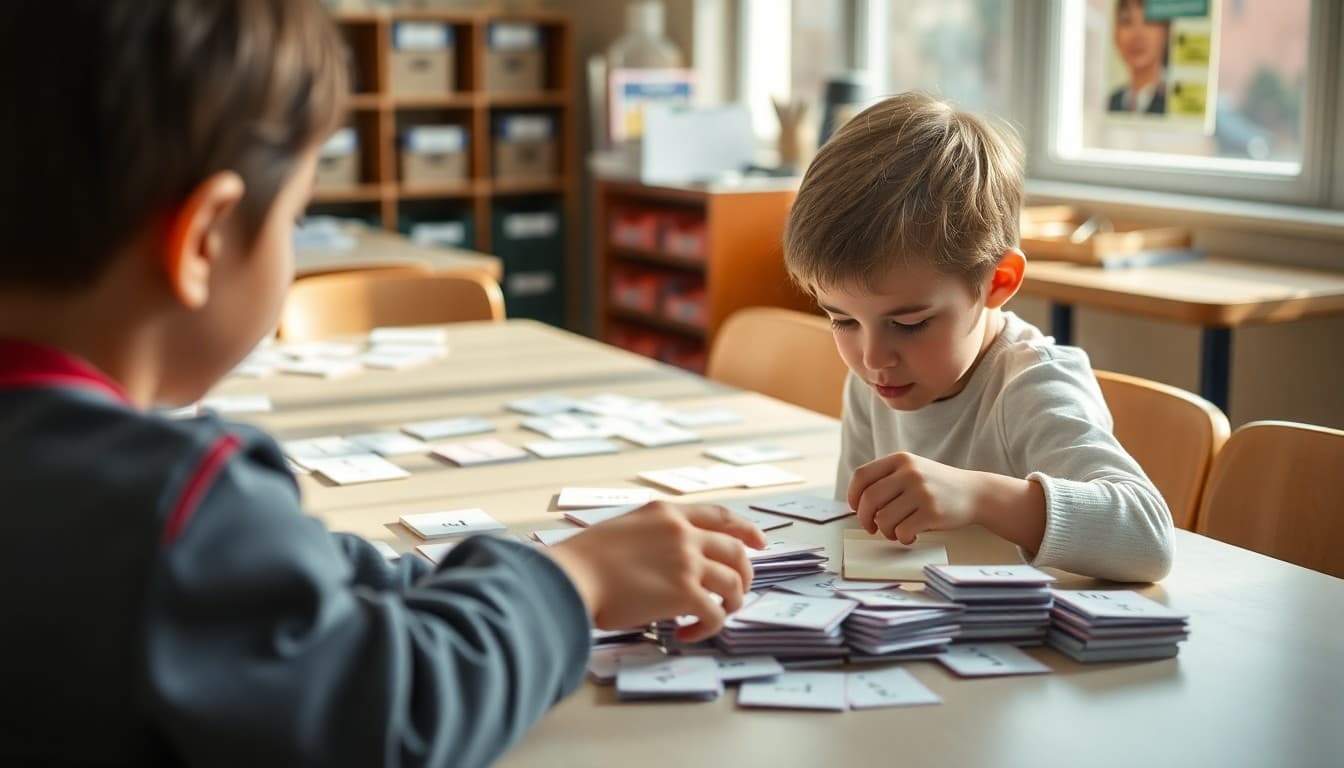 Fourth grader sorting word cards into etymology groups on a classroom table