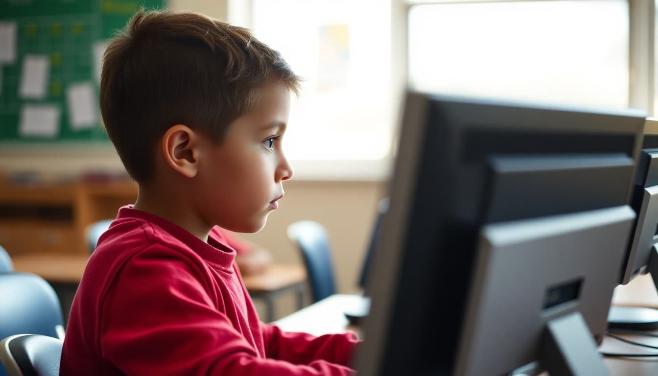 Fourth grade student focused on a standardized test on a classroom computer