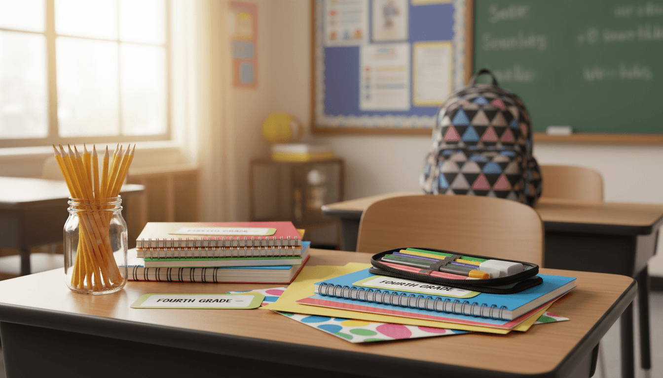Organized school supplies including pencils, folders, and notebooks ready for fourth grade