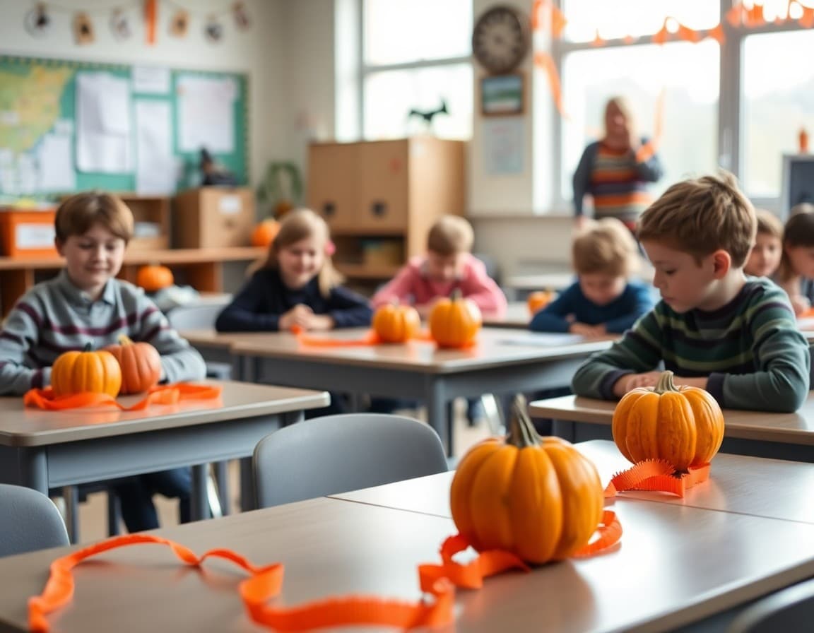 Halloween classroom decorations with pumpkins and orange streamers on tables