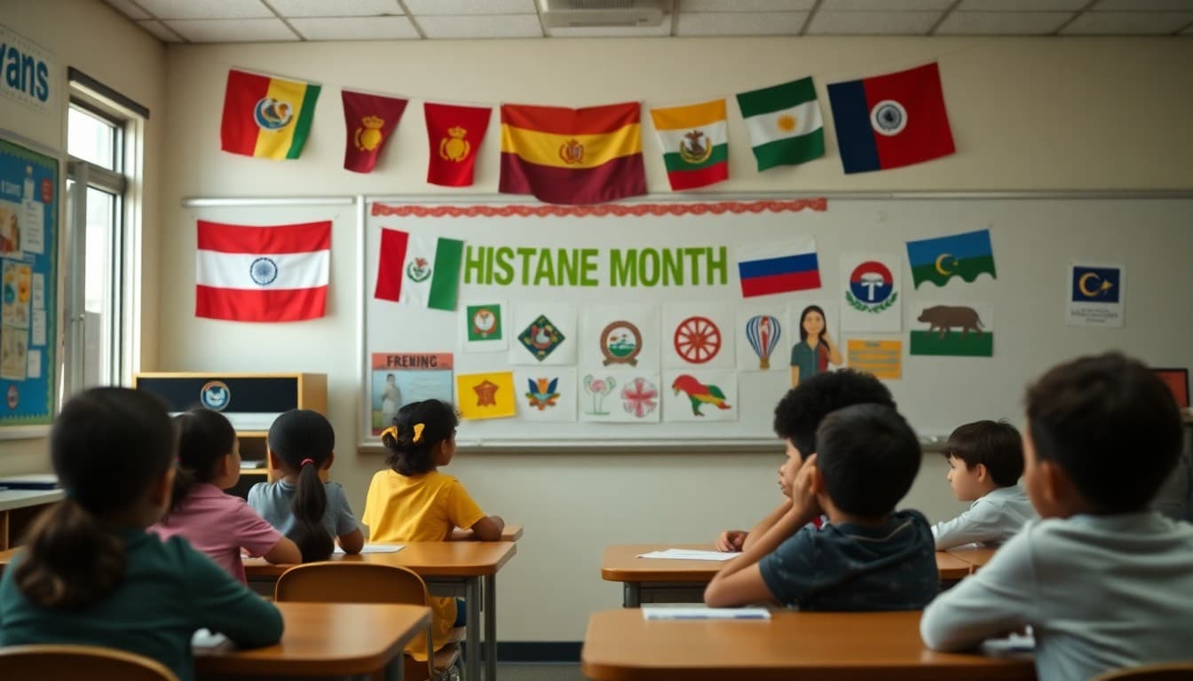 Classroom display celebrating Hispanic Heritage Month with flags and student artwork