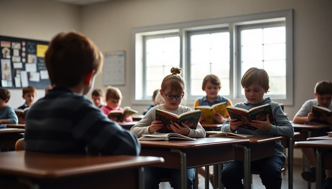 Idaho rural classroom students reading at their desks with a teacher guiding a small group