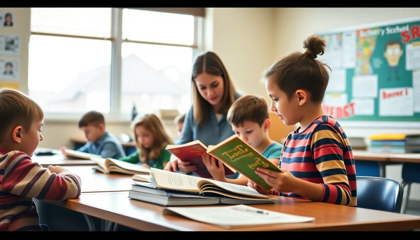 Indiana classroom students working in reading groups with a teacher in a suburban school