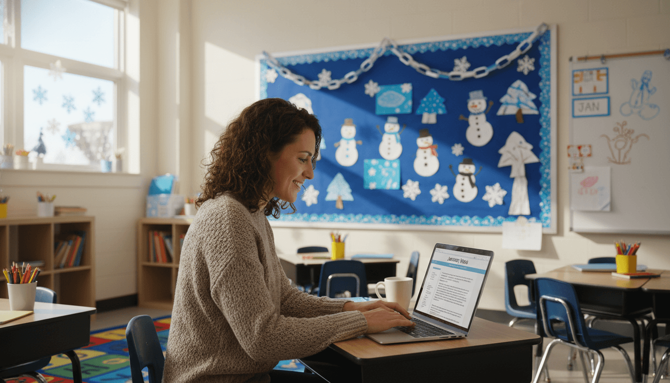 First grade classroom teacher at desk in January, bulletin board visible