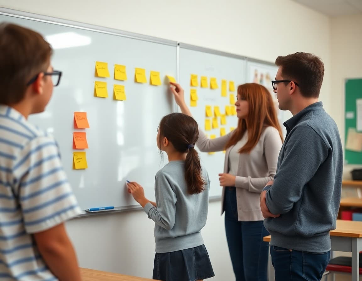 Students and teacher setting learning goals on sticky notes at classroom whiteboard