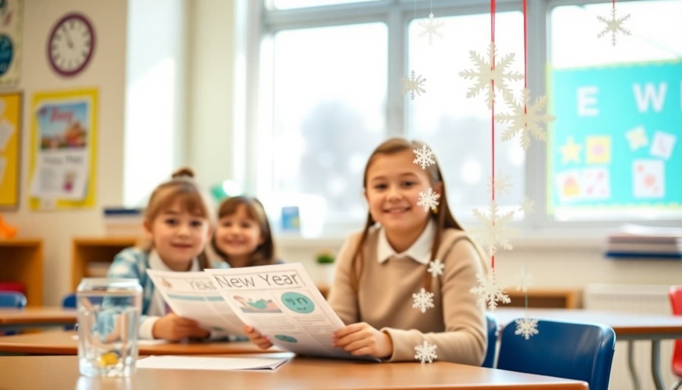 Bright January classroom newsletter with new year theme and snowflake decorations