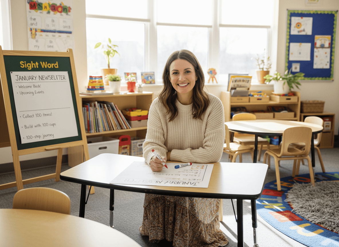 Kindergarten teacher writing a January newsletter with a 100th Day activity plan and sight word chart nearby