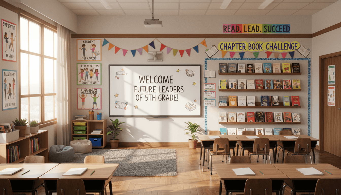 Fifth grade classroom being prepared for the final year of elementary school with student leadership posters, a chapter book wall, and a welcome sign