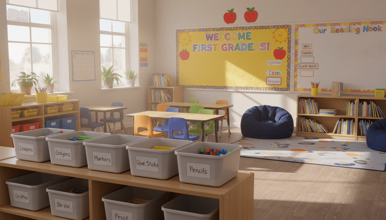 First grade classroom being set up for the new school year with labeled supply bins, a reading corner, and a welcome bulletin board