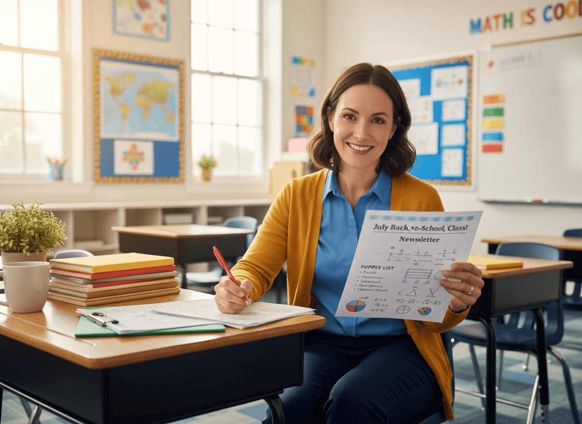 Fourth grade teacher reviewing a July back-to-school newsletter draft with a supply list and fractions reference sheet on the desk
