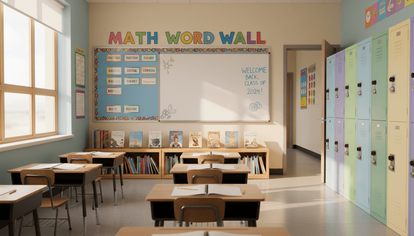 Fourth grade classroom prepared for the new school year with a math word wall, chapter book display, and student lockers visible in the hallway