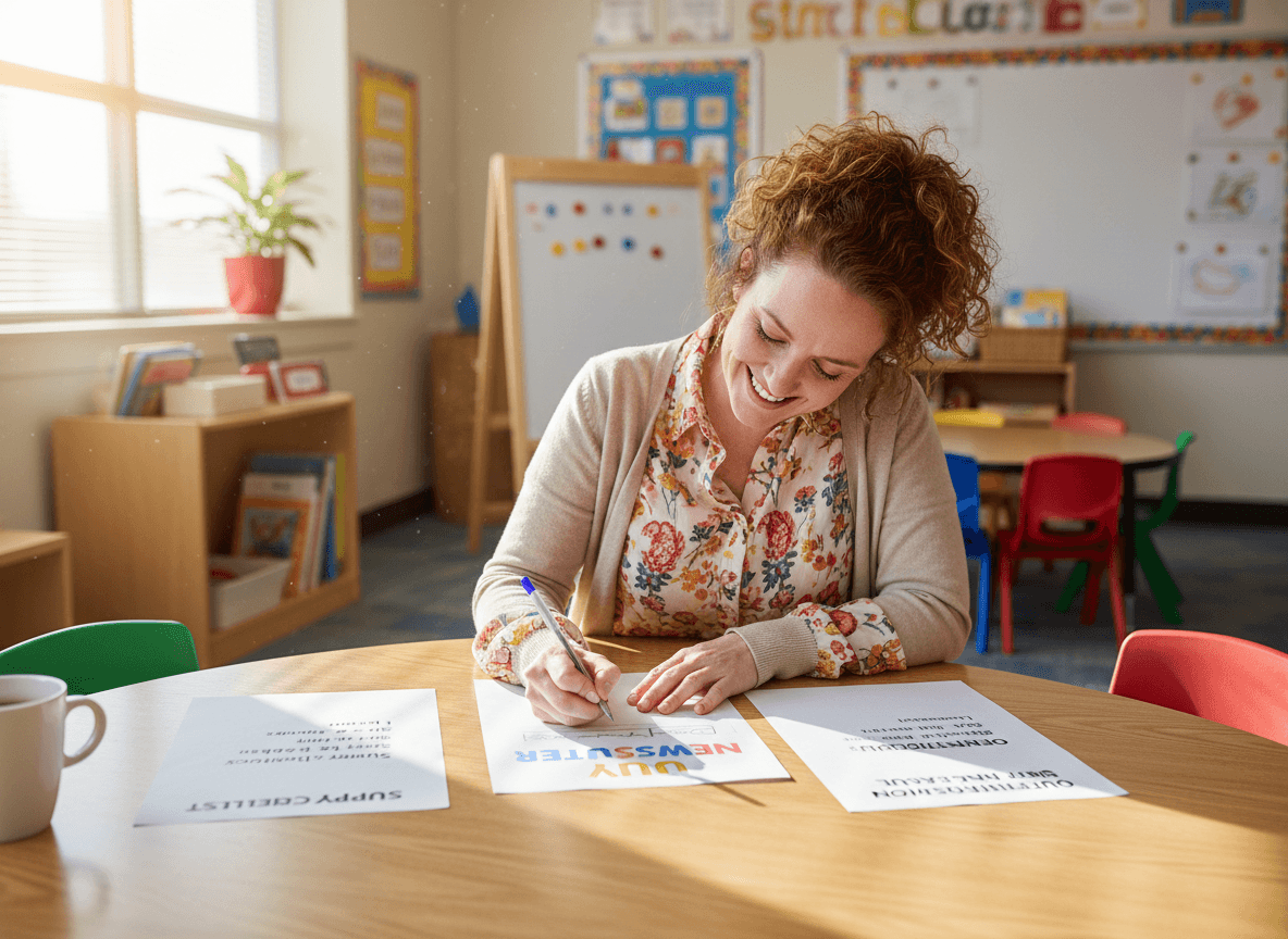 Kindergarten teacher writing July newsletter with supply checklist and orientation schedule in front of her