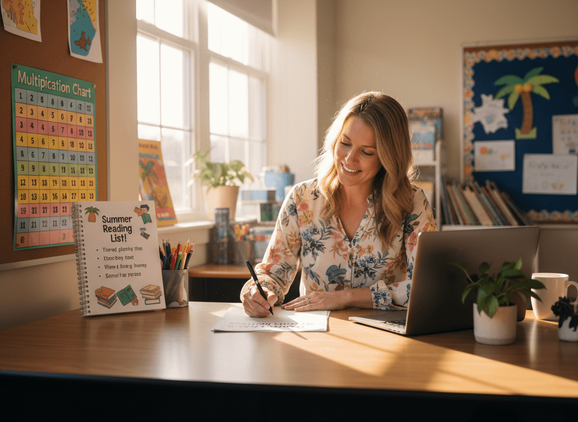 Third grade teacher writing a July newsletter at a desk with a multiplication chart and summer reading list nearby