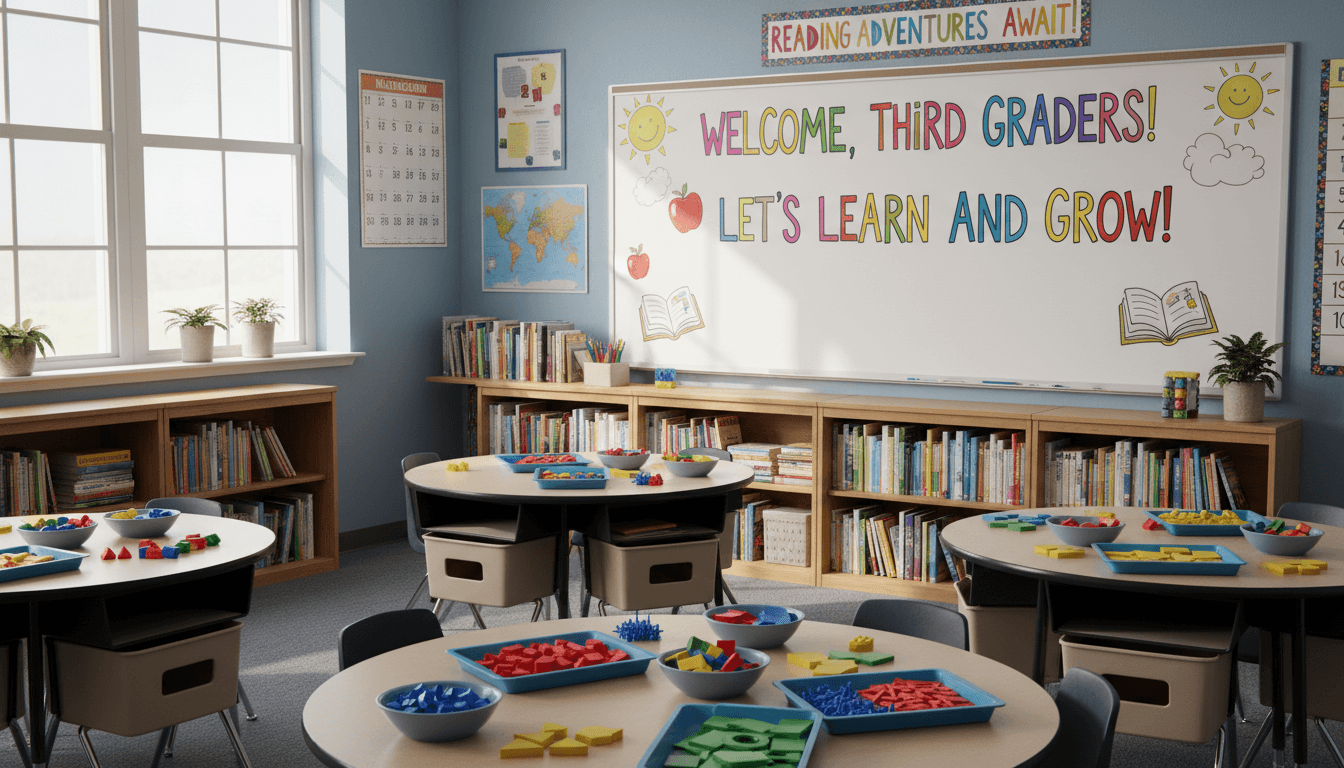 Third grade classroom being set up for the new school year with colorful math manipulatives, a chapter book display, and a welcome sign on the board