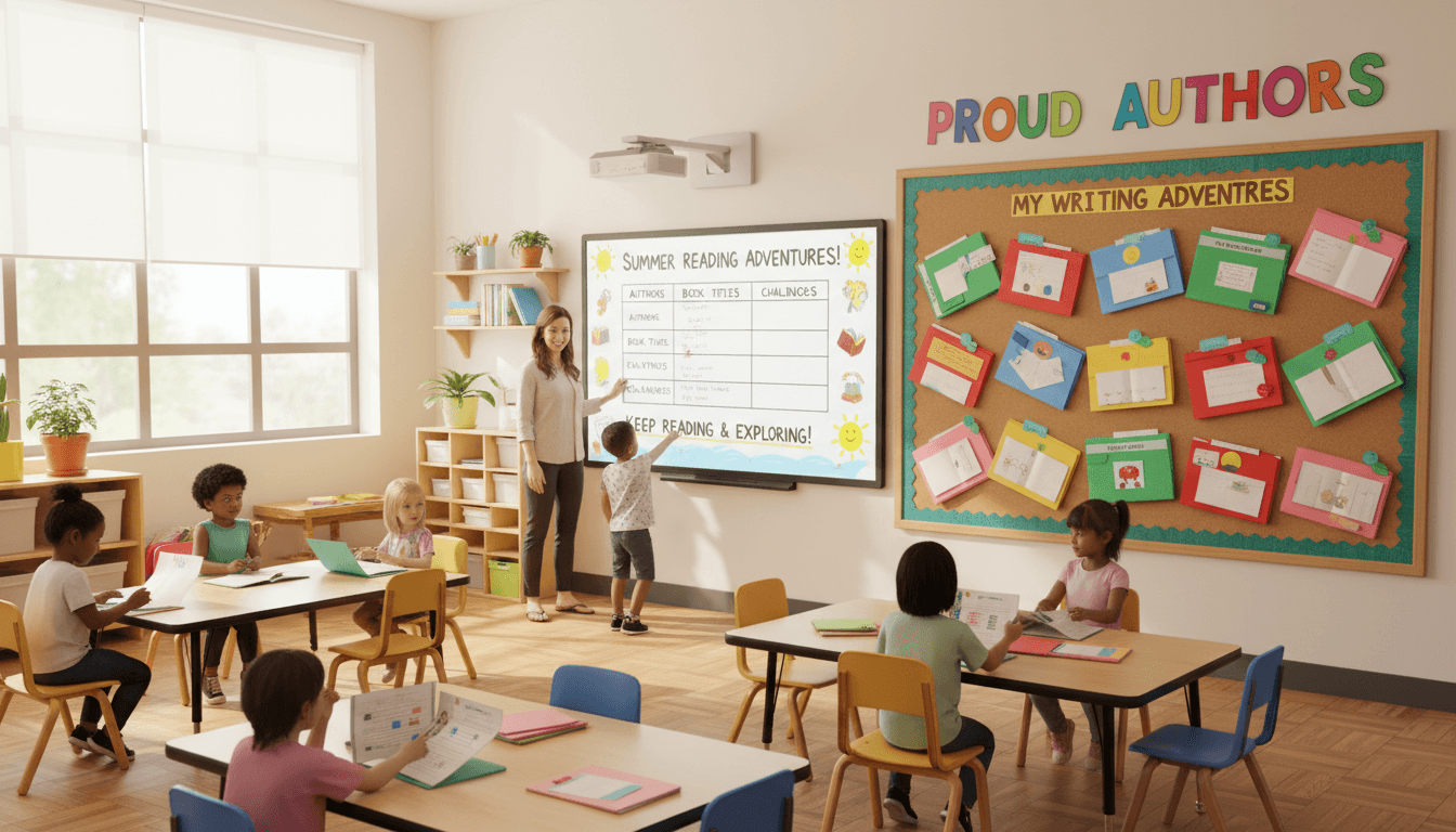 First grade classroom in June with student writing portfolios displayed and a summer reading list posted on the board