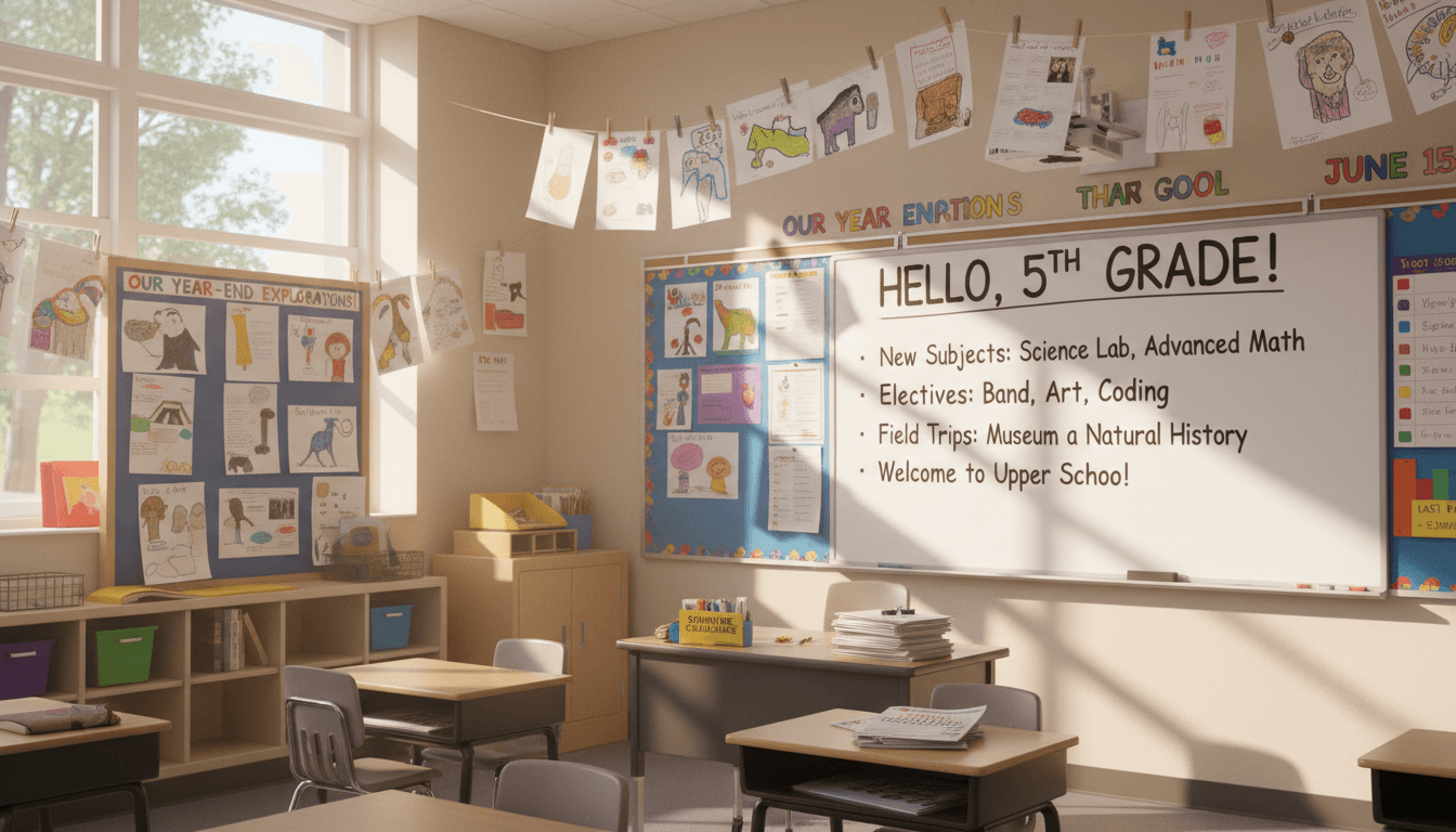 Fourth grade classroom in June with end-of-year research projects on display, state test score letters ready to go home, and a fifth grade preview on the board