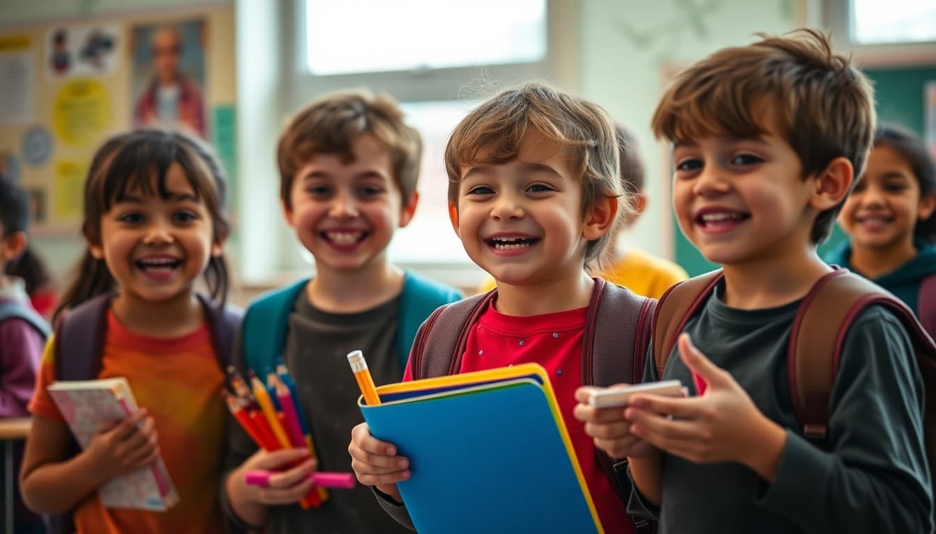 Students celebrating last days of school year with joyful expressions and school supplies