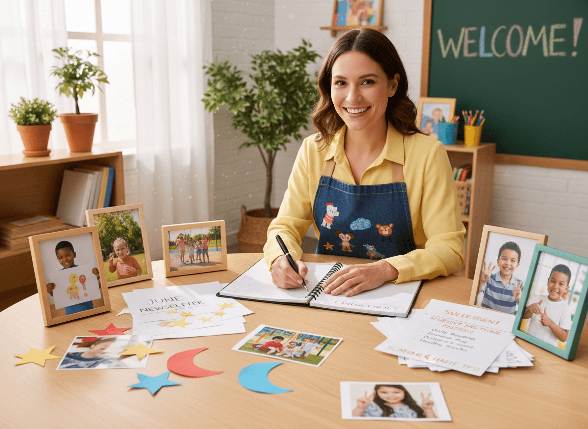Kindergarten teacher writing June newsletter with student milestone photos and summer habit tips ready to share
