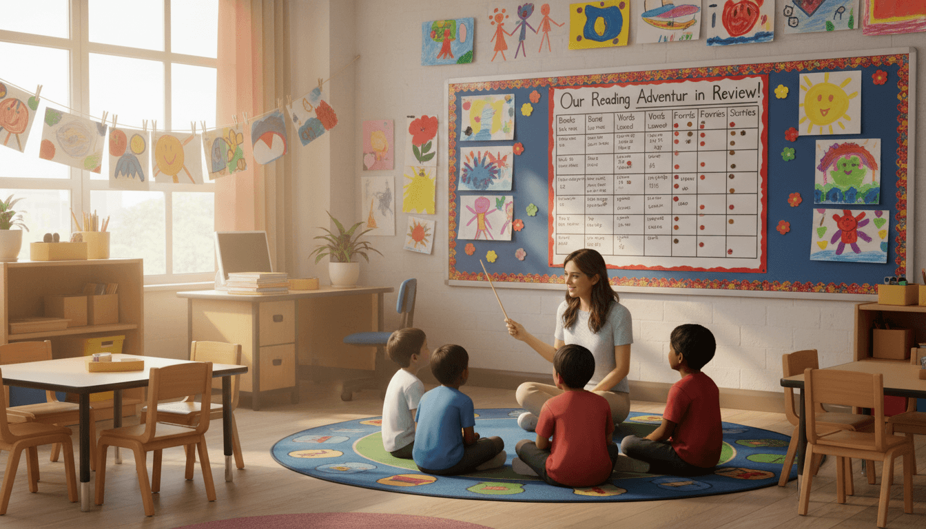 Kindergarten classroom in June decorated with end-of-year student artwork and a displayed year-in-review reading chart