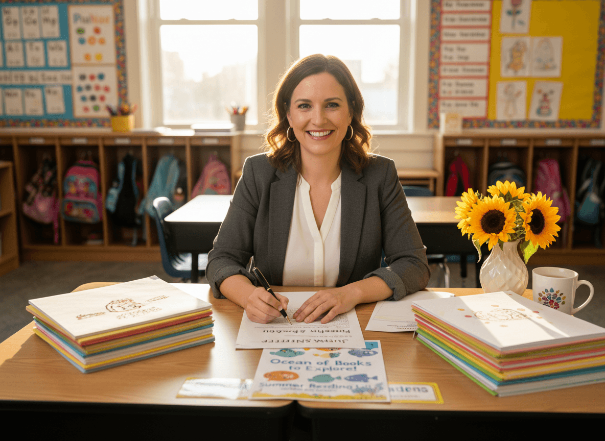 Kindergarten teacher writing the final June newsletter of the year with student memory books and a summer reading list on the desk