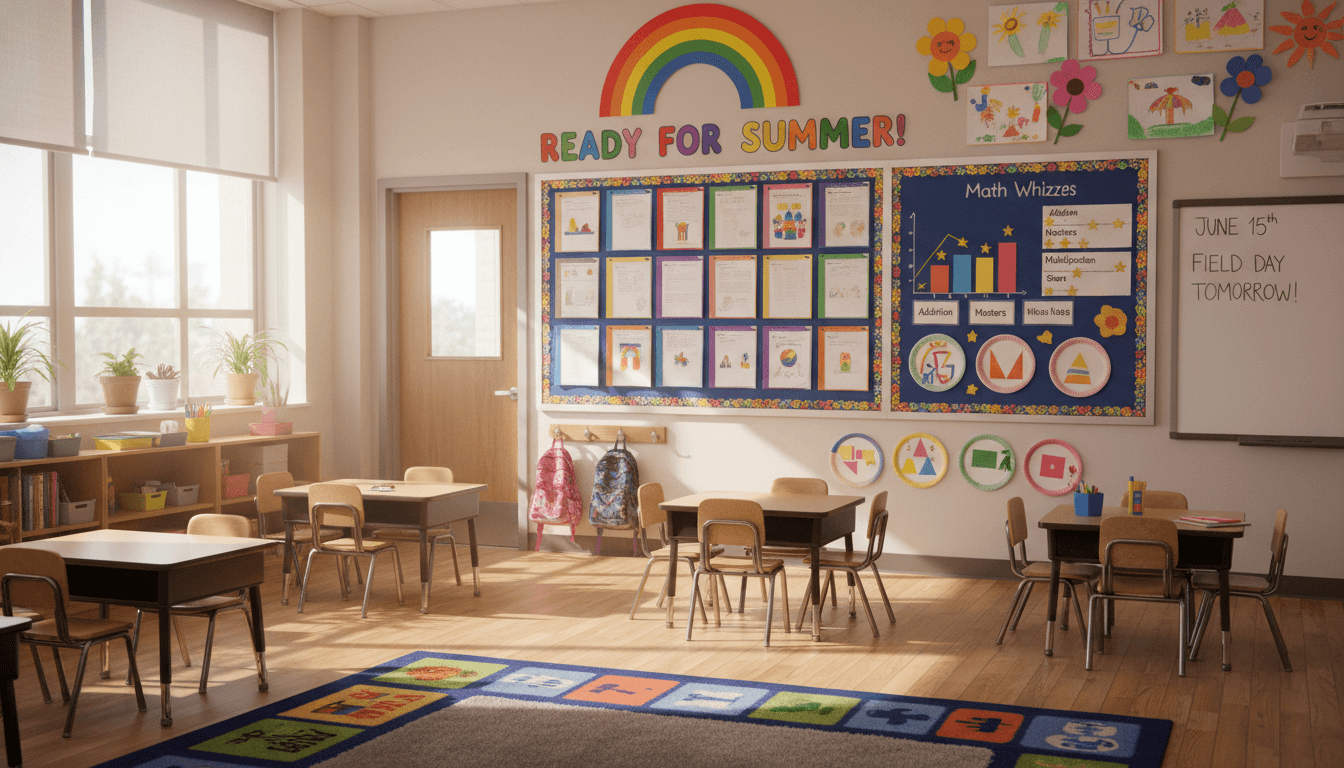 Second grade classroom in June with student writing portfolios, a math achievement display, and year-end celebration artwork on the walls