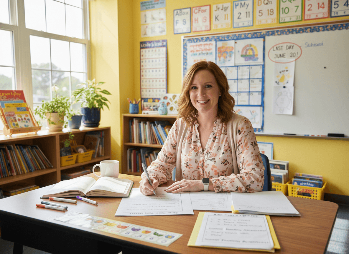 Third grade teacher writing June newsletter with state test context notes and summer reading recommendations