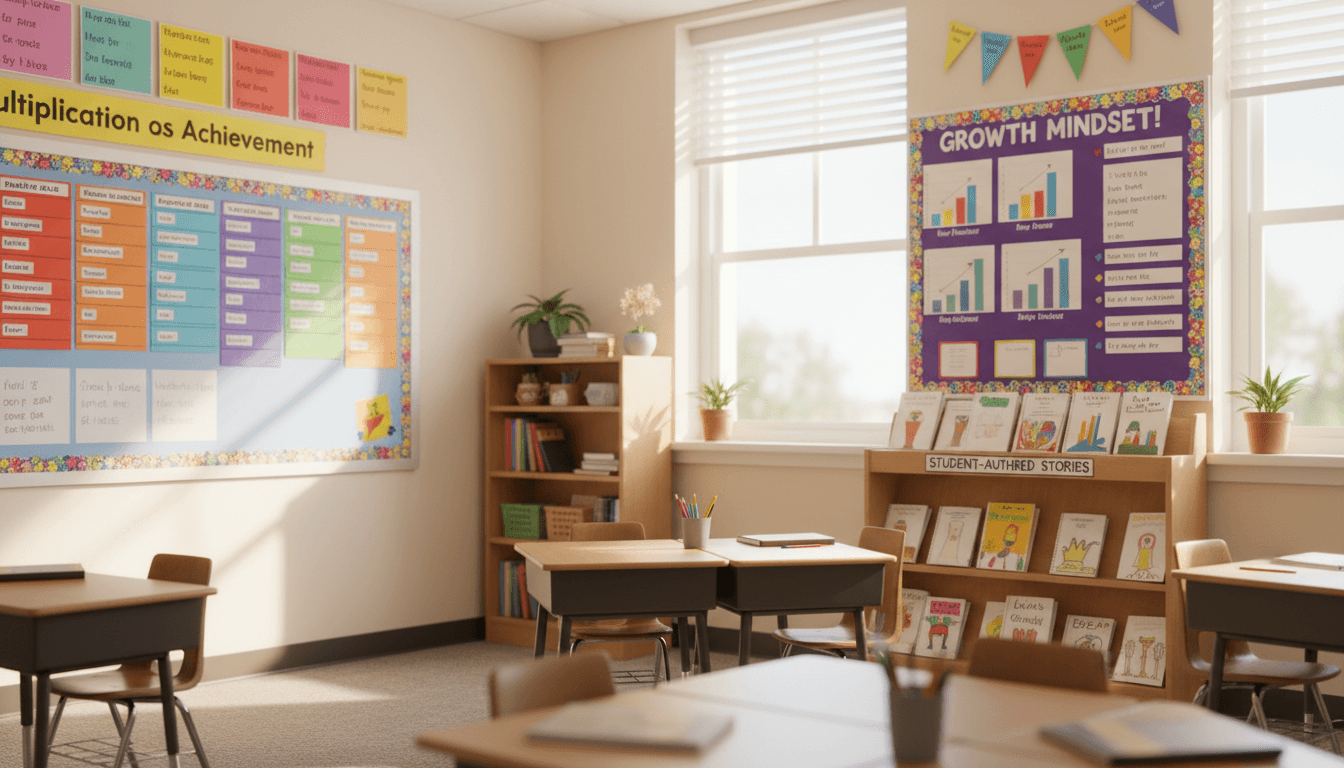 Third grade classroom in June with multiplication achievement charts, state test result feedback, and student-authored books on display