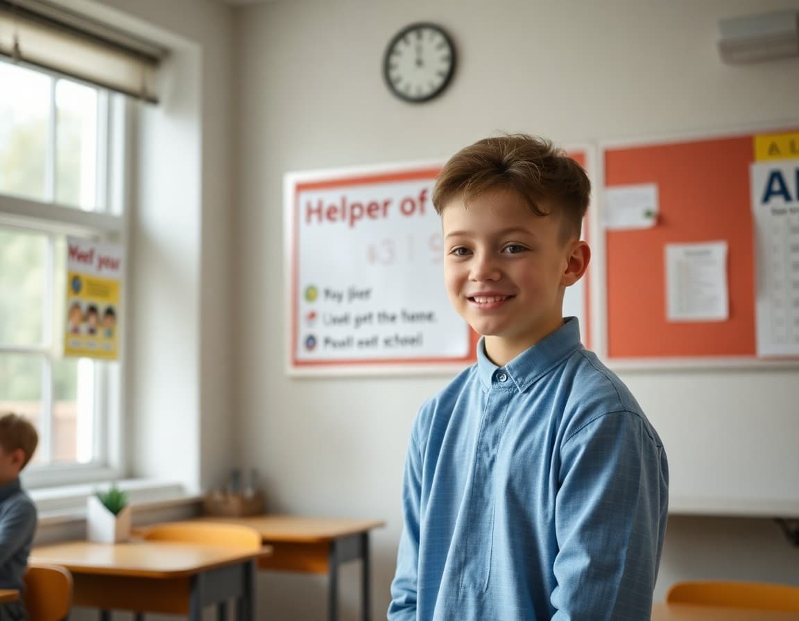 Student helper of the week board with a photo and name displayed in a classroom