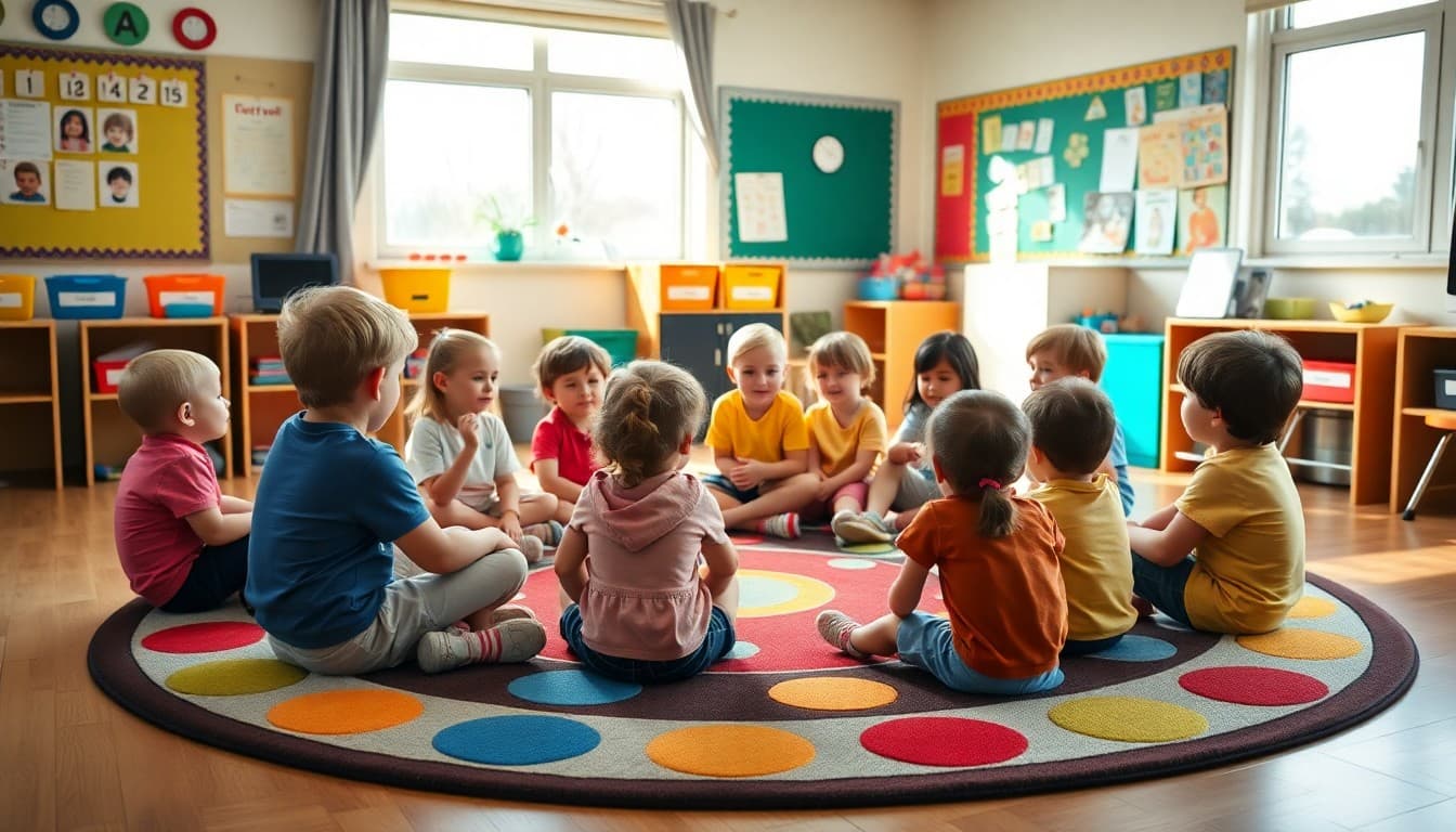 Kindergartners sitting in a morning meeting circle on a colorful rug in the classroom