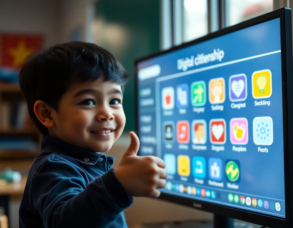 Child giving a thumbs up next to a screen showing colorful digital citizenship icons