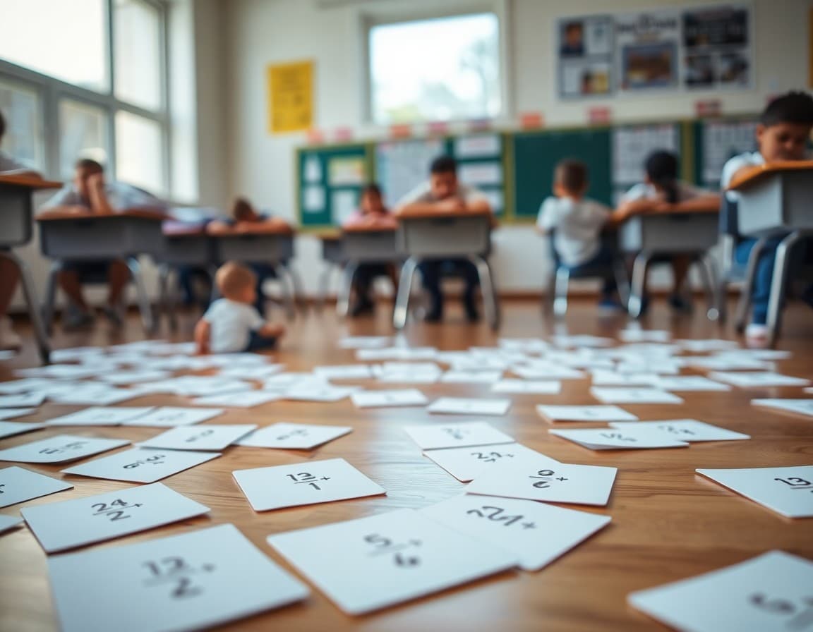 Flashcards with simple addition equations spread out on a classroom floor