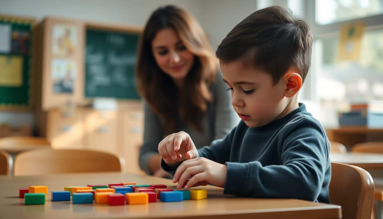 Kindergartner counting colorful blocks on a table with a parent watching