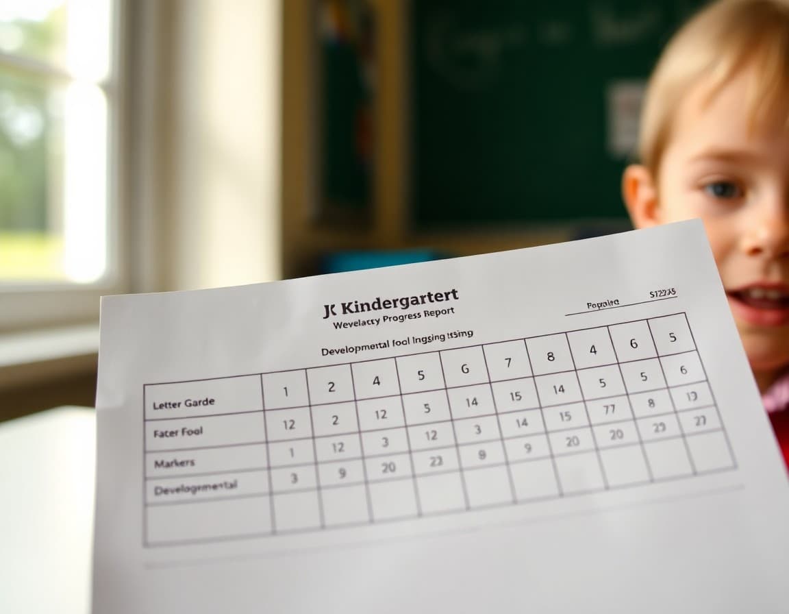 Close-up of a kindergarten progress report with letter grades and developmental markers