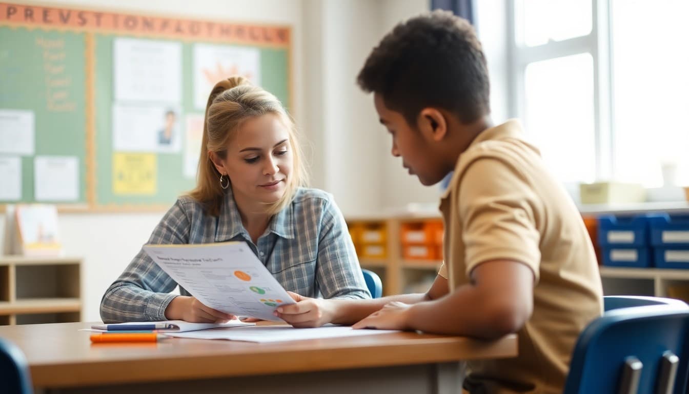 Teacher sitting with a parent reviewing a kindergarten progress report at a table