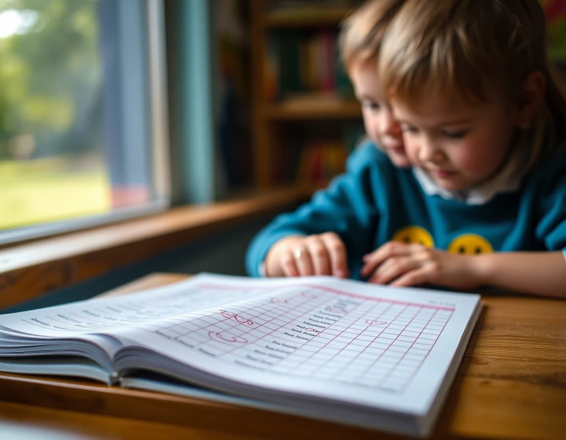 Colorful reading log paper with book titles and smiley face checkboxes filled in