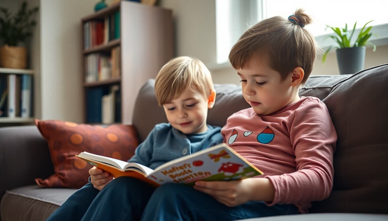 Parent and kindergartner reading a picture book together on a couch at home